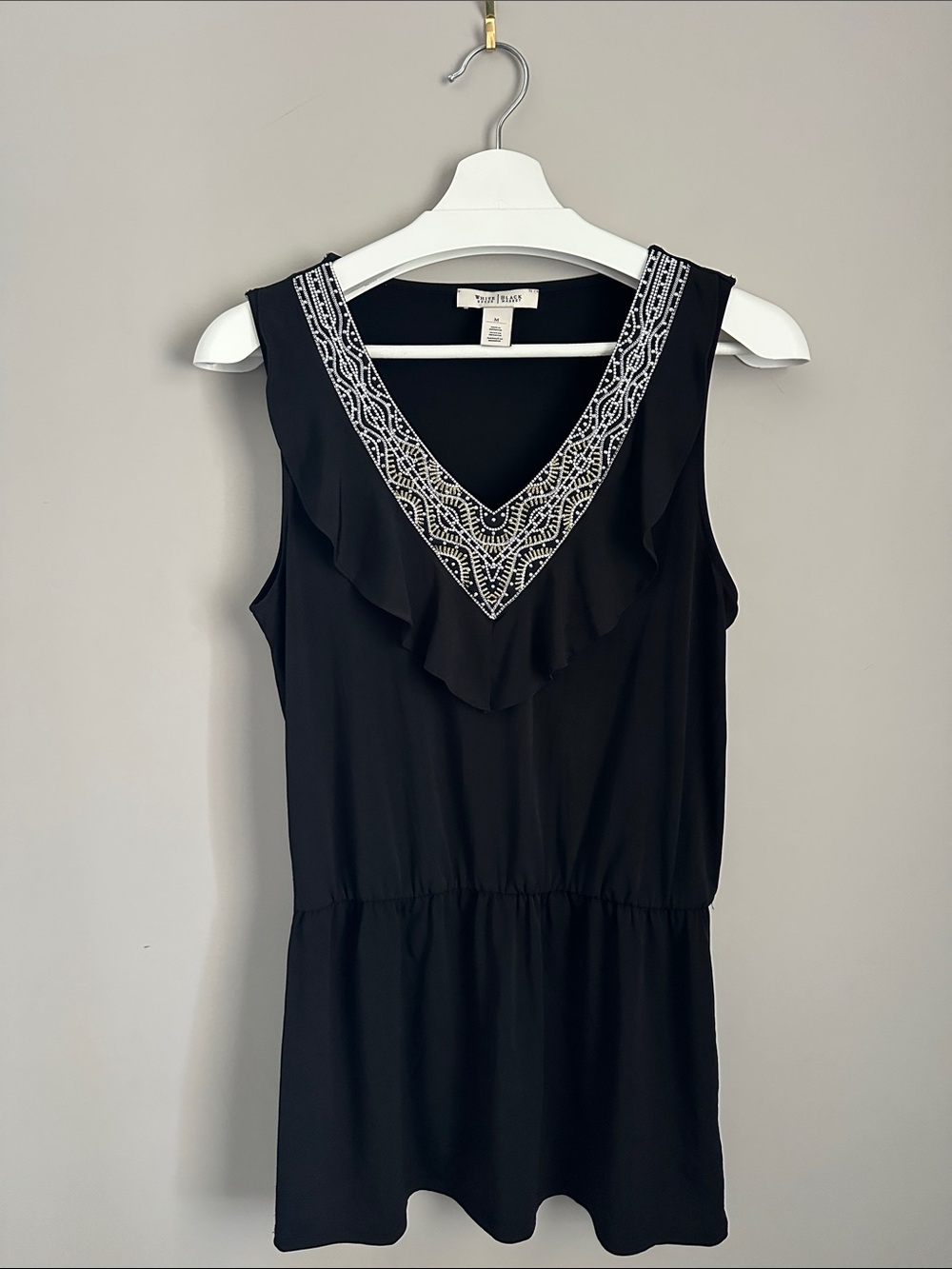 White House Black Market Black Sleeveless V-Neck Top with White Beaded Trim